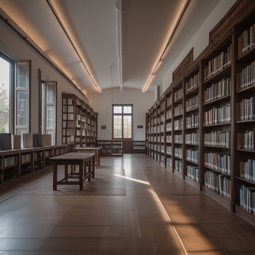 Interior de una biblioteca o sala de estudio institucional con estanterías de libros bien ordenadas, iluminación cálida de lámparas de escritorio sobre una mesa de madera oscura, ambiente de tranquilidad y conocimiento que evoca la misión educativa del portal