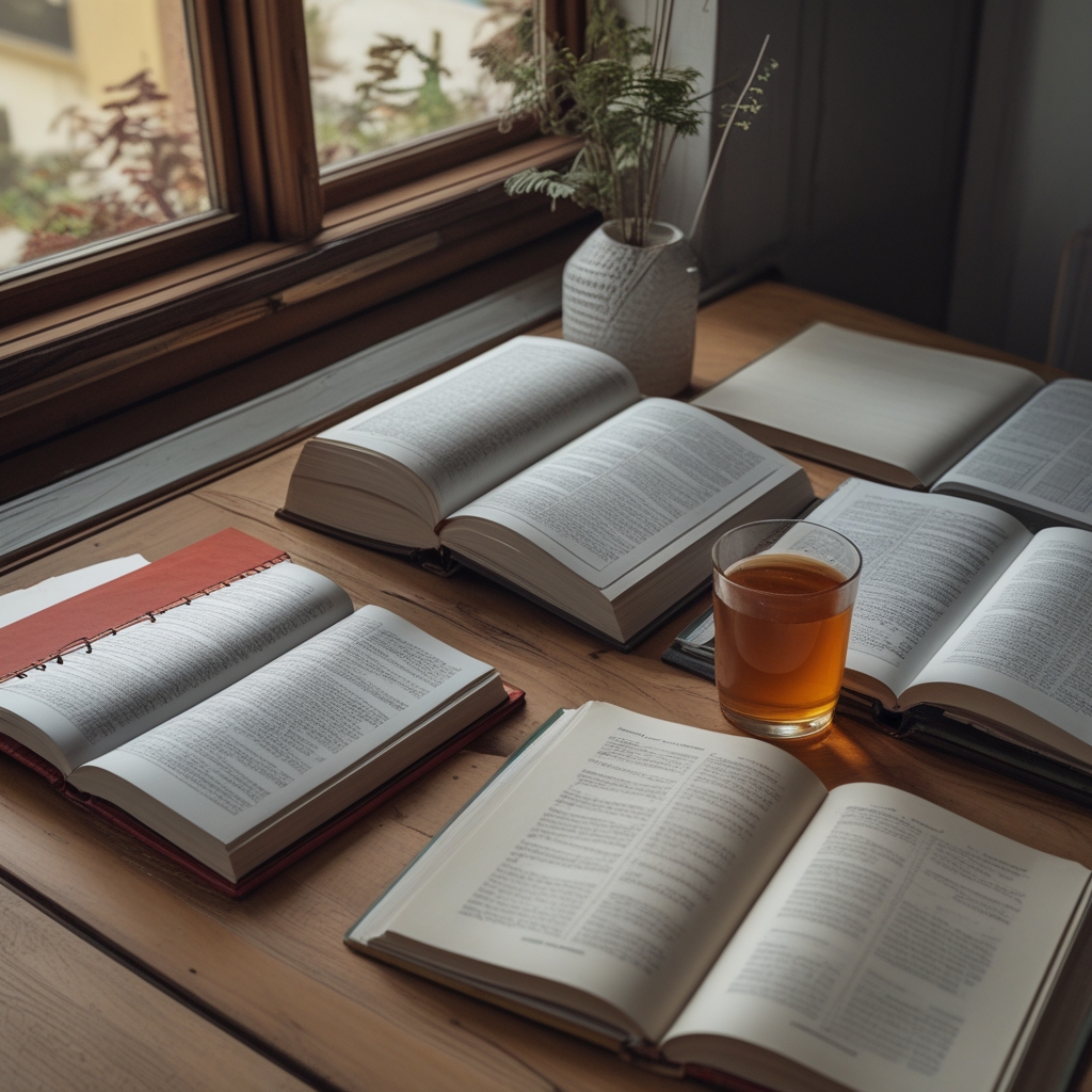 Colección de libros abiertos sobre una mesa de madera clara con luz natural suave proveniente de una ventana, ambiente de estudio sereno con un cuaderno de notas y una taza de té, evocando el conocimiento y la lectura tranquila