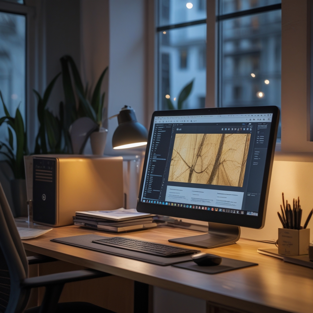 Escritorio moderno con monitor de ordenador bien posicionado, teclado y documentos organizados, con buena iluminación ambiental equilibrada que combina luz natural de ventana lateral y lámpara de escritorio, ejemplo de ergonomía visual óptima en el entorno digital