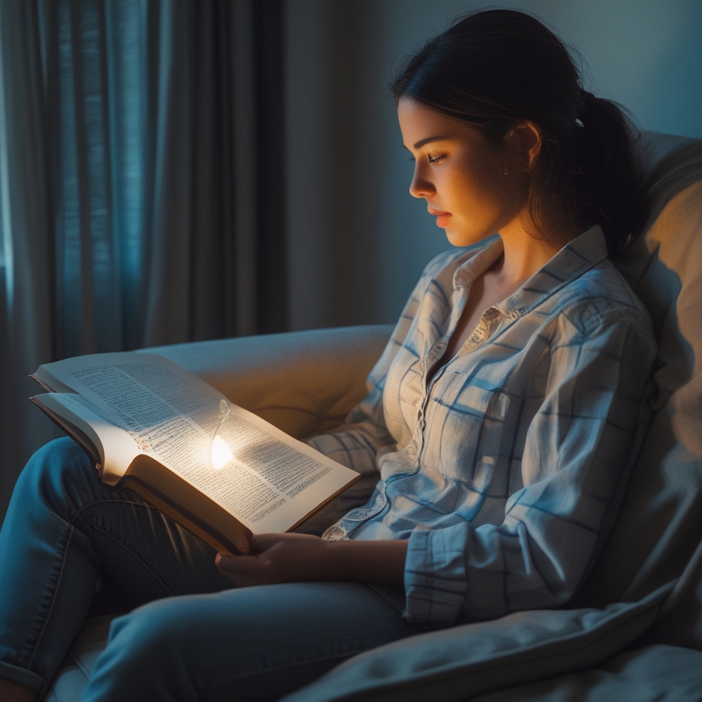 Vista cercana de una persona leyendo un libro impreso en un sillón cómodo con iluminación lateral cálida y suave desde una lámpara, expresión de concentración tranquila, sin tensión visible, ambiente de lectura reflexiva