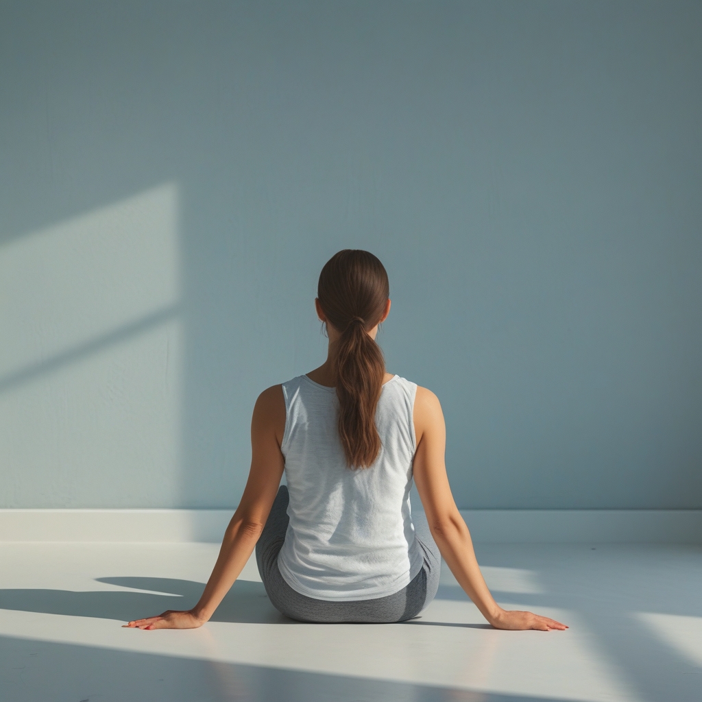 Persona de espaldas sentada en un espacio abierto y luminoso realizando ejercicios de movilidad visual con la mirada dirigida hacia distintos puntos del horizonte, en un ambiente tranquilo con luz natural clara que ilumina su perfil