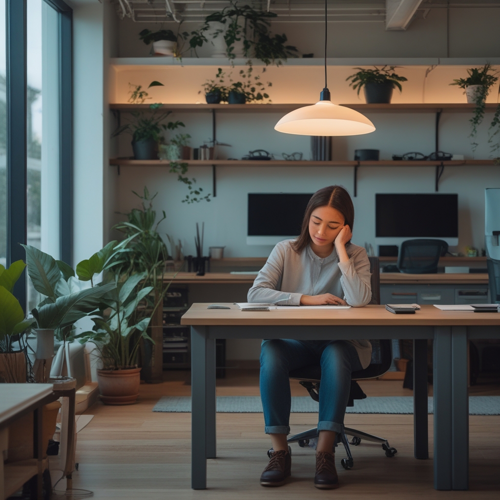 Interior de un espacio de trabajo contemporáneo con iluminación difusa y cálida procedente de una lámpara de escritorio bien posicionada, plantas en el fondo, y una persona con los ojos cerrados en actitud de descanso frente a un escritorio ordenado