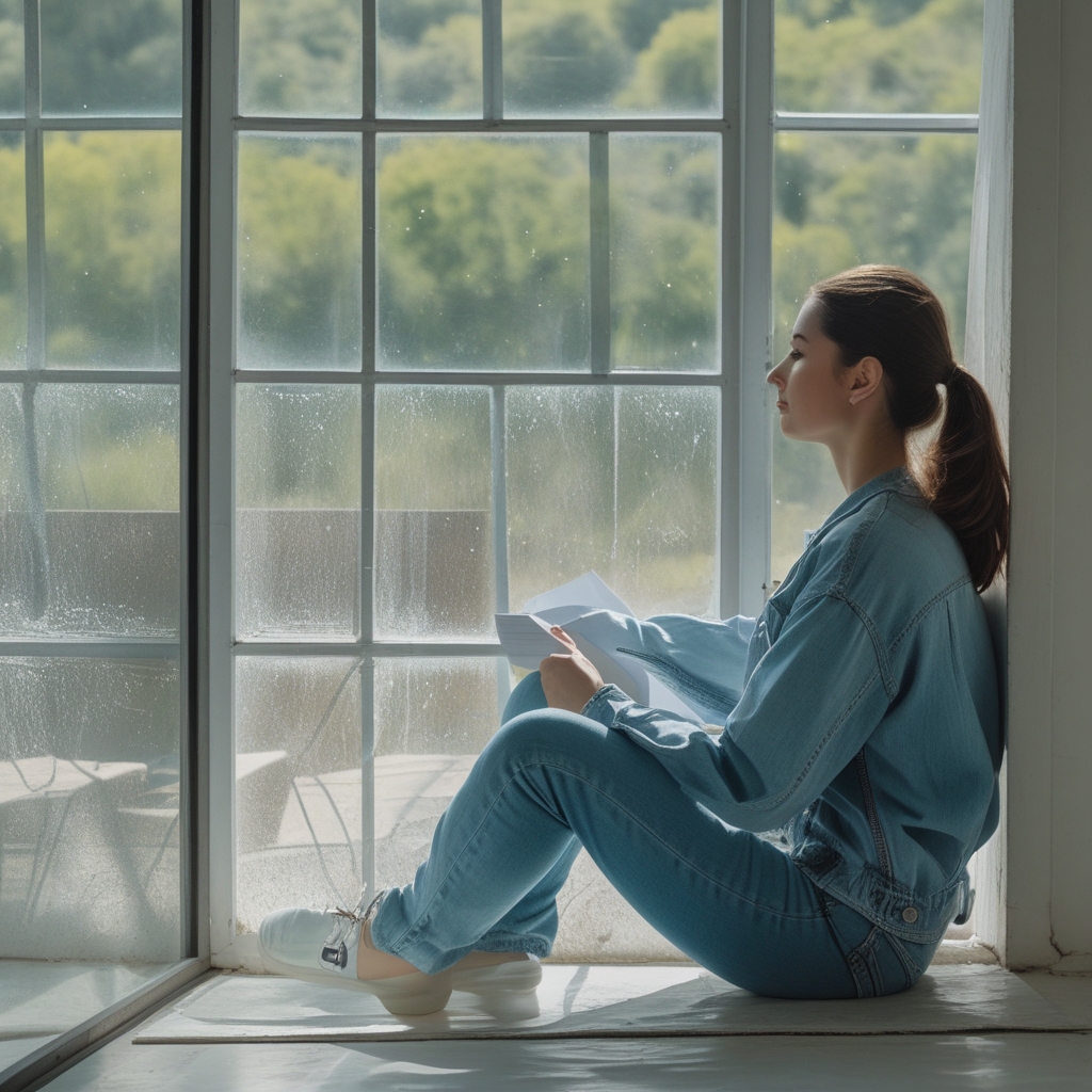 Persona sentada en un espacio luminoso y ordenado mirando a través de una ventana hacia un paisaje verde y abierto, con postura relajada que ilustra el descanso ocular y la importancia de las pausas visuales durante la jornada laboral